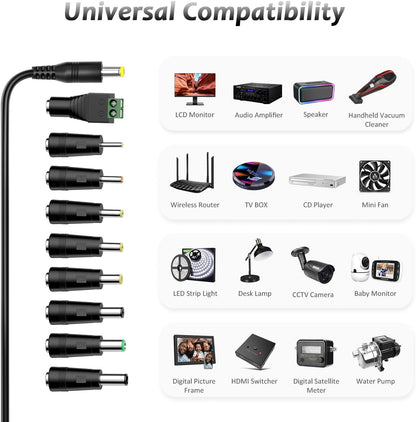 12V 2A Power Supply, Zolt Transformer Universal AC DC Power Adapter with 9 DC Plugs for Electronics, 24W Max.