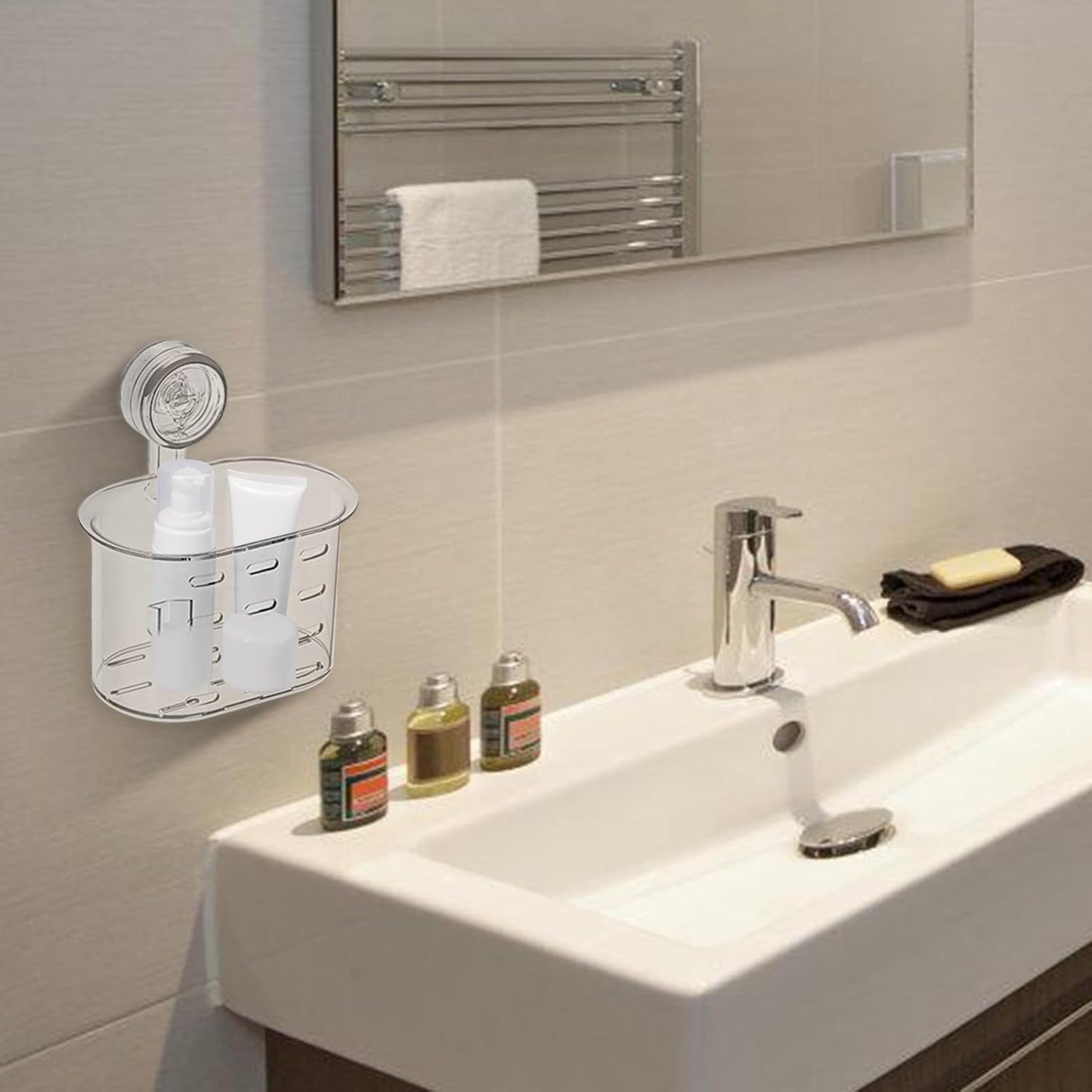 Buhyujkm Bathroom Shower Organizer, Wall Shelf Storage Box, Removable Clear Holder with Suction Cups, No-Drill Mount Design for Toiletries, Cosmetics, Tissue Storage, 4.25x6.54x7.28 Inches