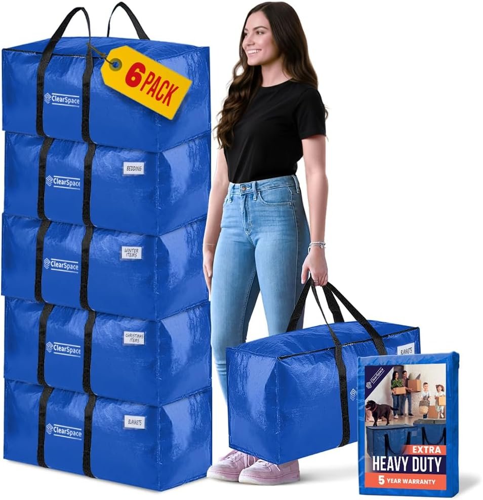 ClearSpace Heavy Duty Moving Bags or Storage Bag, 6 Pack – Large Moving Boxes with Backpack Straps, Zippers & Handles – Perfect for College Dorm, Traveling, Camping, Christmas Decorations