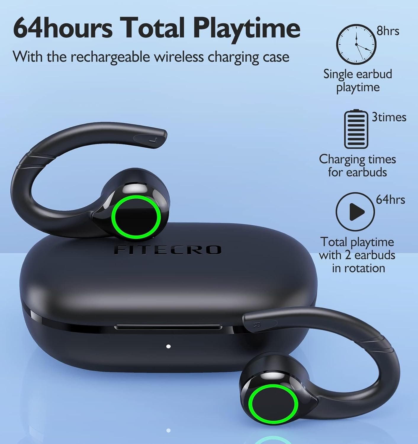 FITECRO Wireless Earbuds Bluetooth V5.3 Earbuds Built-in 4 Mic Bluetooth Headphones in-Ear Stereo Wireless Earphones 64H Total Playtime with Charging Case Waterproof Headset Ear Buds for Sport Running