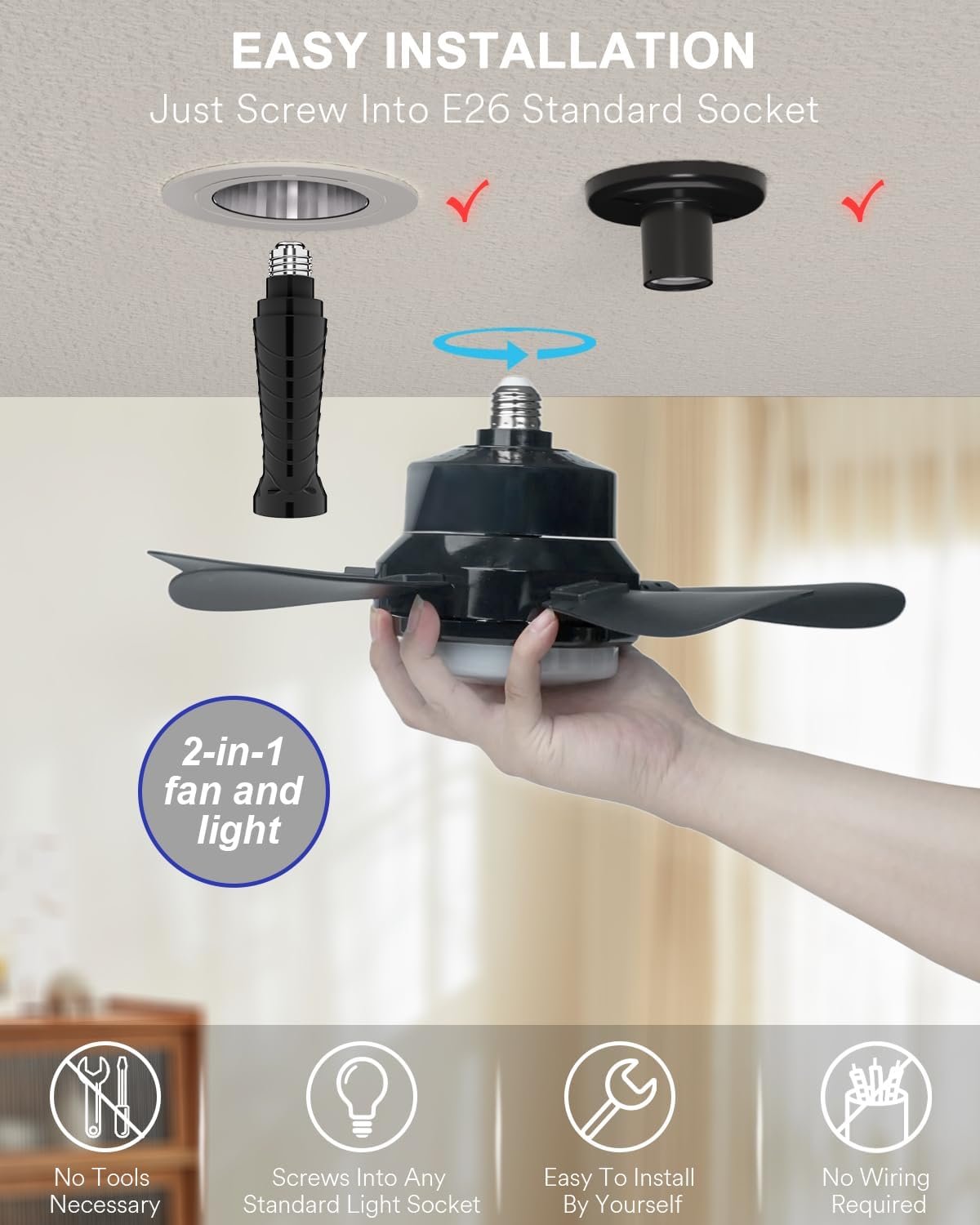 Smart Socket Fan Light, Wi-Fi Color Changing Light Socket Ceiling Fan with Lights and Remote, 6 Adjustable Fan Speed, LED Lights Socket Fans for Bedroom Bathroom Garage Kitchen, Black