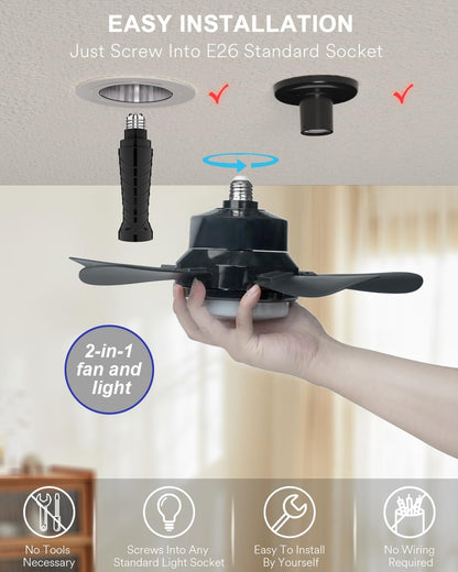 Smart Socket Fan Light, Wi-Fi Color Changing Light Socket Ceiling Fan with Lights and Remote, 6 Adjustable Fan Speed, LED Lights Socket Fans for Bedroom Bathroom Garage Kitchen, Black