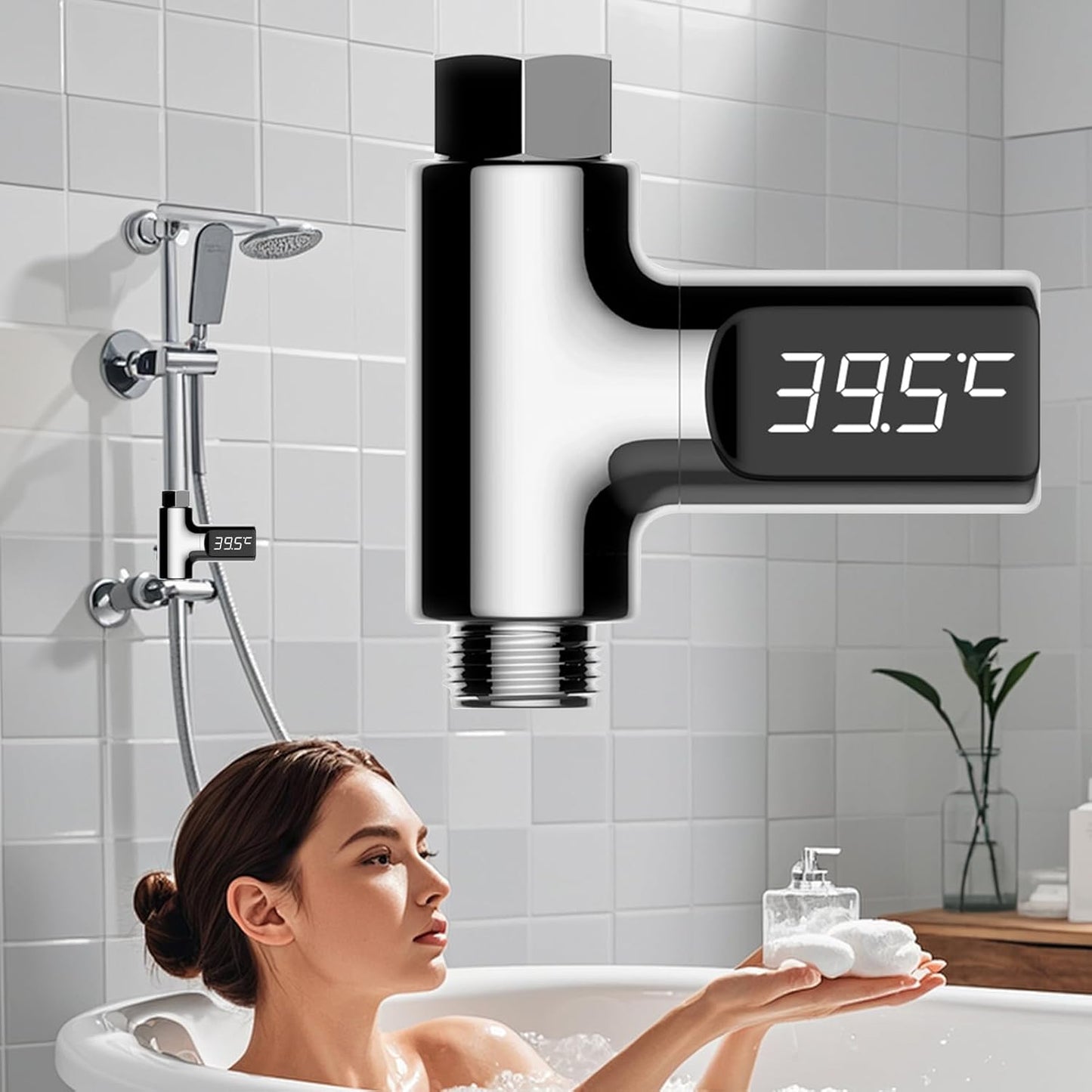 Shower Temperature Indicator, Led Digital Display, 3.19x3.17x1.18 Inches Compact Large Screen, Bath Temperature Monitor for Bathroom Safety Tool, Bathtub Use, Black