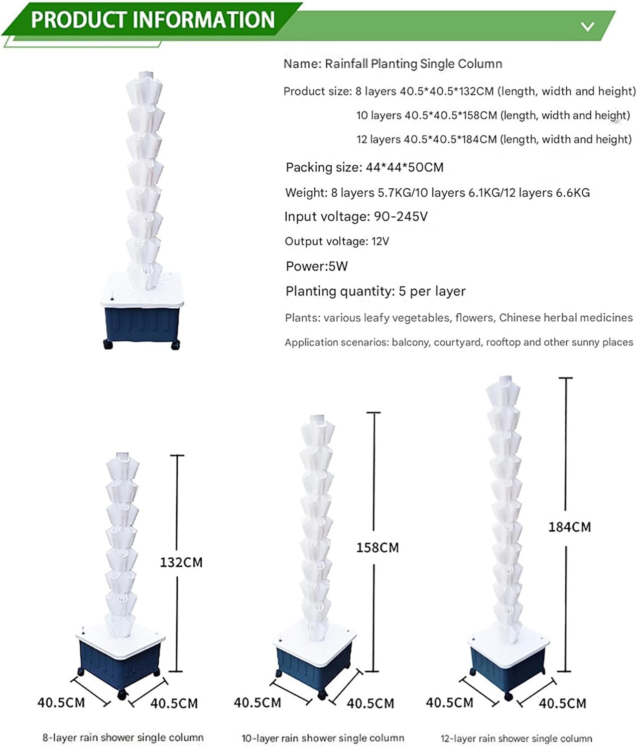 FXNFXLA Hydroponic Vertical Tower Grow System, 8/10/12 Layers, Kit for Growing Vegetables, Herbs and Fruit in Balcony
