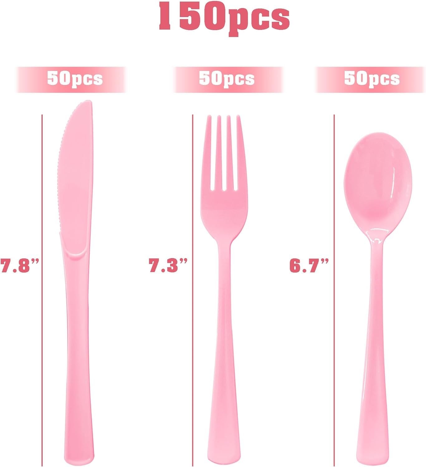 150 Pack Light Pink Plastic Disposable Heavy Duty Utensil Set - 50 Forks, 50 Knives, 50 Spoons for Pink Party Decorations Wedding Birthday