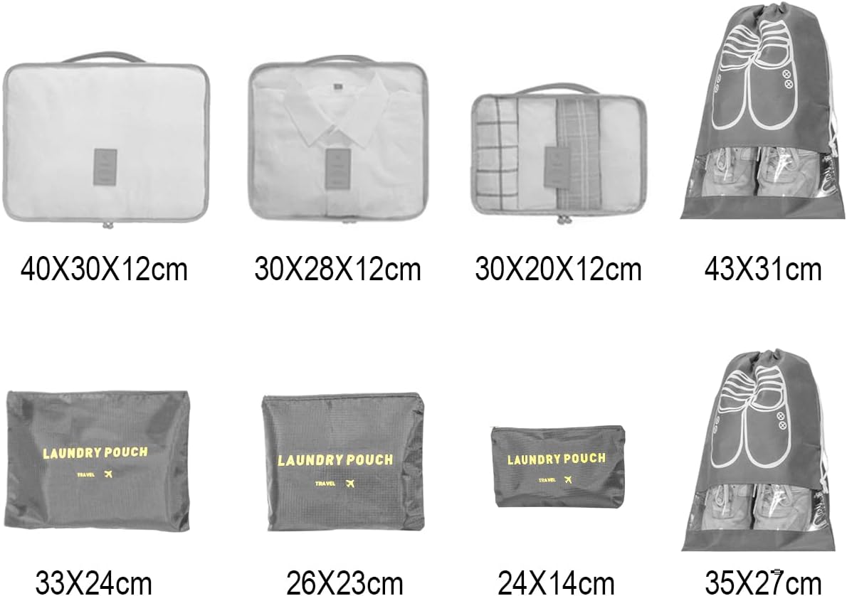 BillyBath Suitcase Organizer Set, 8 in 1 Travel Organizer for Clothes, Shoes, Cosmetics, Grey