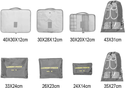 BillyBath Suitcase Organizer Set, 8 in 1 Travel Organizer for Clothes, Shoes, Cosmetics, Grey