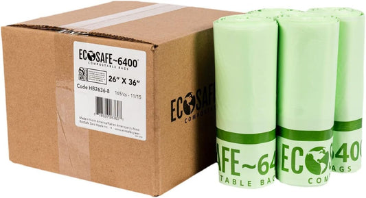 EcoSafe-6400 HB2636-8 Certified Compostable Bag - 26x36" Green Bags for 20 Gallon Bin - Extra Strong Leak, Puncture and Tear Resistant Food Scraps Bin Liners, Pack of 165