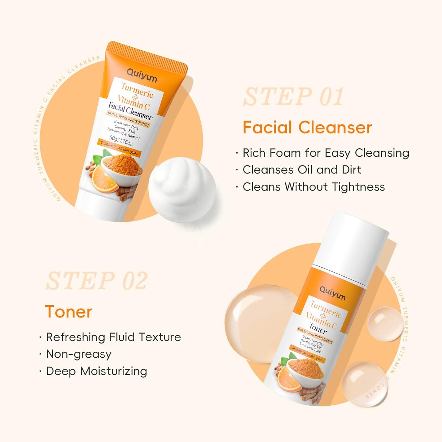 QUIYUM Turmeric Vitamin C Face Care Set, 5 Pieces Skin Care Gift Set for Women Skin Care Complete Face Skincare Kit with Cleanser Tonic Eye Cream Serum Cream