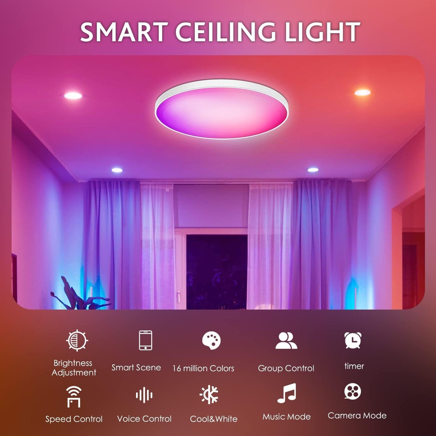 Smart Ceiling Light 48W, 12Inch Flush Mount RGB LED Ceiling Lights,Bluetooth+ WiFi App Control+Remote Color Changing Ceiling Lamp,2700K-6500K Dimmable,Sync with Music,Compatible with Alexa Google Home
