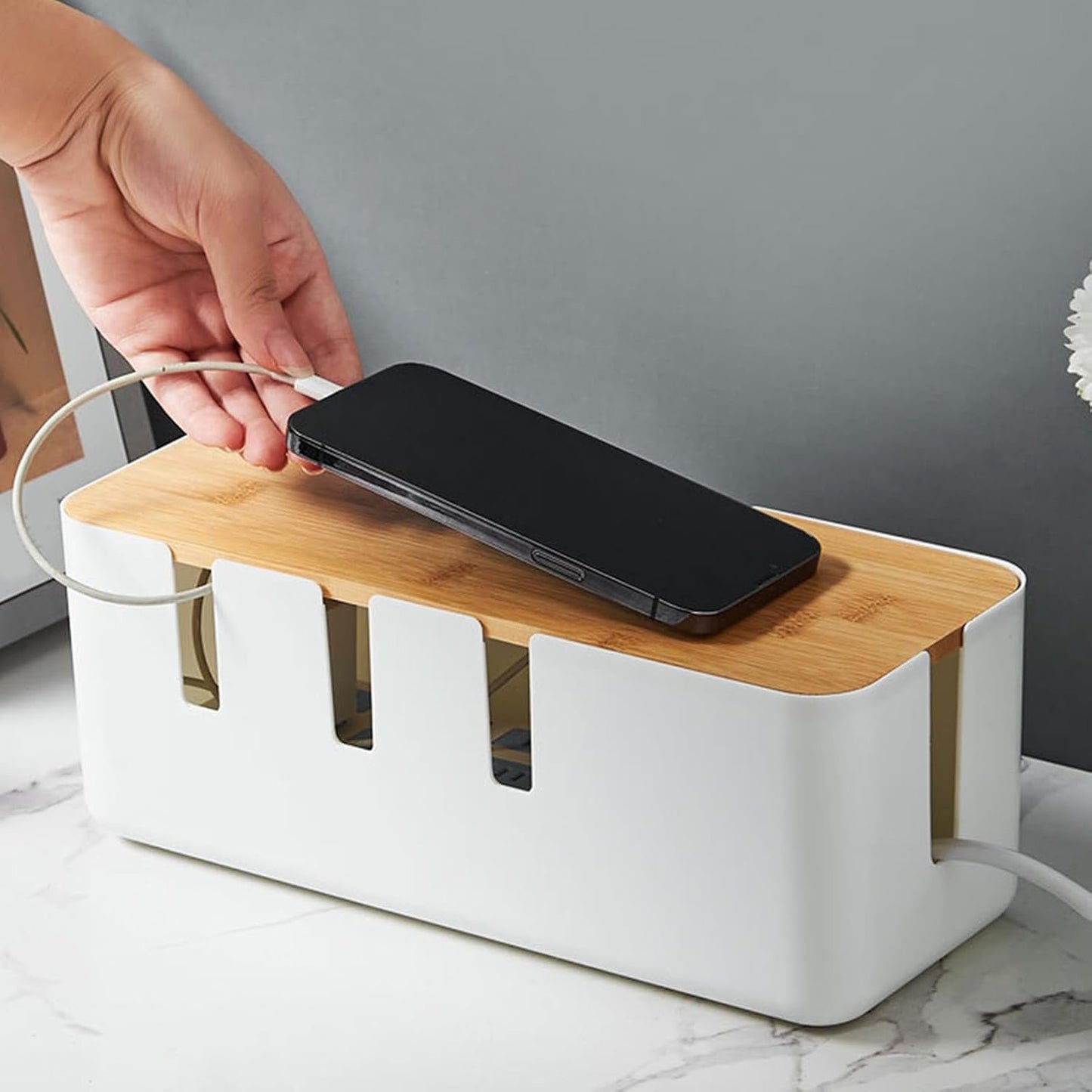 Cable Box Organizer | Cable Hiding Box | with Wood Lid Cord Case TV Power Strip for Surge Protection Home Living Room Workplace Setup Computer Desk Workstation