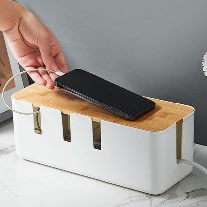 Cable Box Organizer | Cable Hiding Box | with Wood Lid Cord Case TV Power Strip for Surge Protection Home Living Room Workplace Setup Computer Desk Workstation