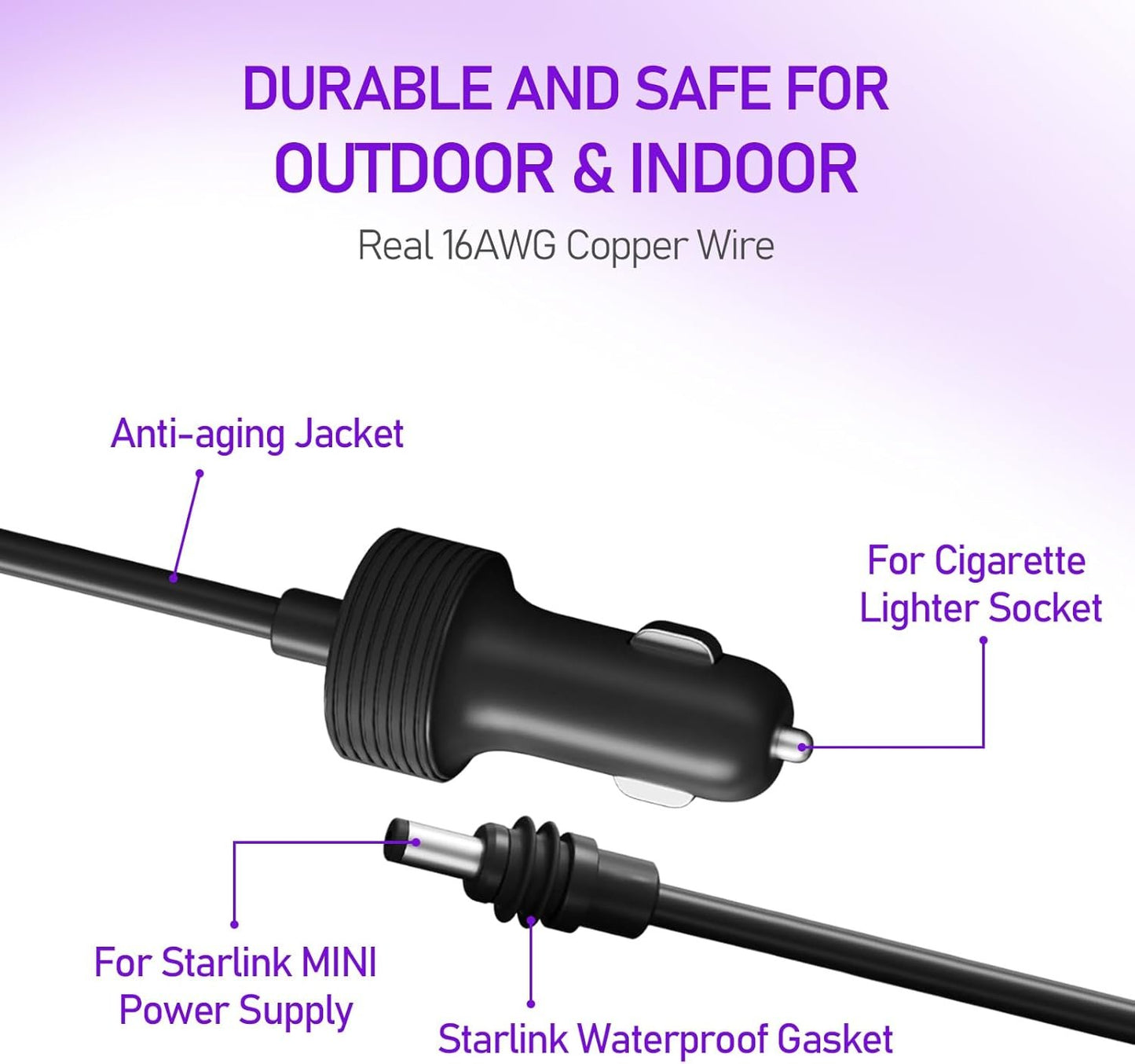 daboot Starlink Mini Cable - 12-48V Car Cigarette Lighter to DC Power Cable Adapter for Star Link Mini 16 AWG Charging Cord 10FT/3M Replacement Cable
