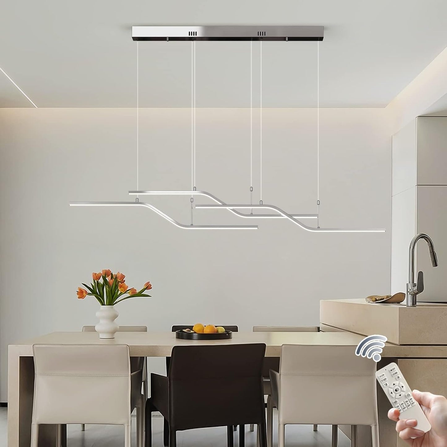 Siittoo Modern LED Pendant Light Fixture, 52'' Upgrade Dimmable Modern LED Chandelier Light Fixture, 45W Z-Shape Kitchen Island Light Fixture Hanging Pendant Light for Dining Living Room (Chrome)