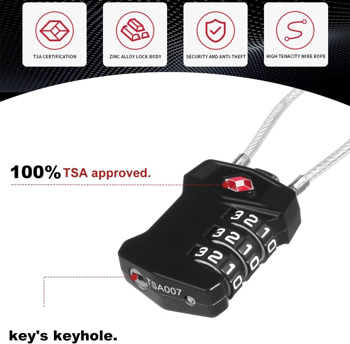 TSA Approved Luggage Locks,(2 Pack),Big Digit Easy Read Dials Cable Luggage Lock,T Tersely Re-settable Padlock for Luggage,Travel Locks for Suitcase, Backpack
