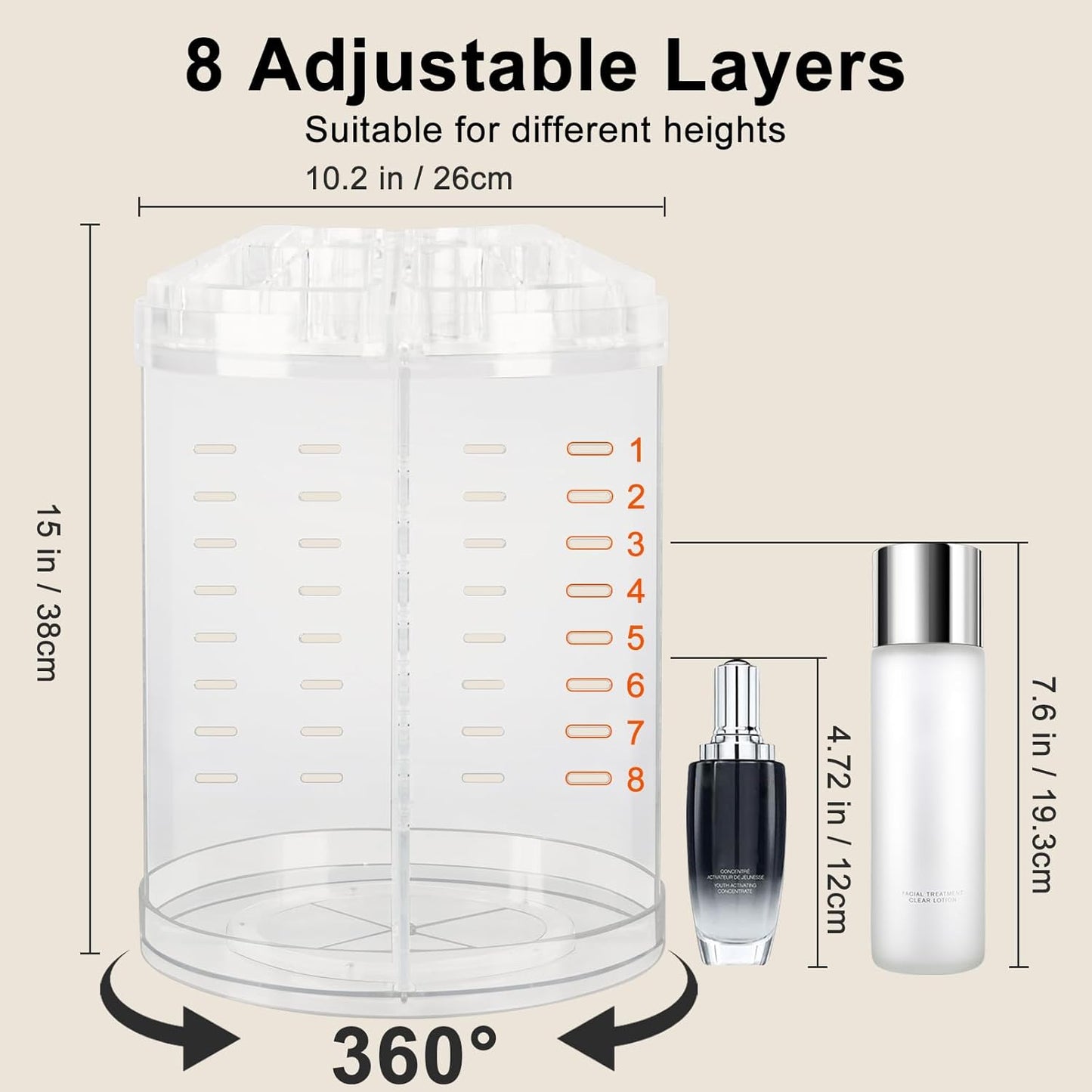 AMEITECH Makeup Organizer, 360 Degree Adjustable Jewelry and Cosmetic Showcase, 8 Layers Make Up Storage Box – Crystal Clear