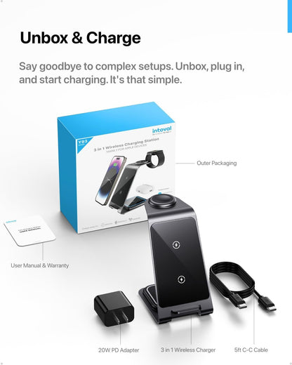 Intoval 3 in 1 Wireless Charging Station for iPhone 16 15 14 13 12 11 X Pro Max, Wireless Charger for Apple Watch 10 Ultra 3 SE 9 8 7 6 5 4 3 2, for AirPods 4 Pro Pro 2 3 (Y93, Silver)