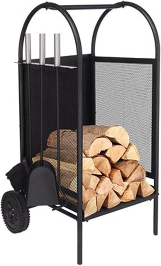 Metal Firewood Log Trolley Cart Storage with Wheels Kindling and Companion Toolset (Color : Black Size : 35x35x80cm) (Black 35x35x80cm)