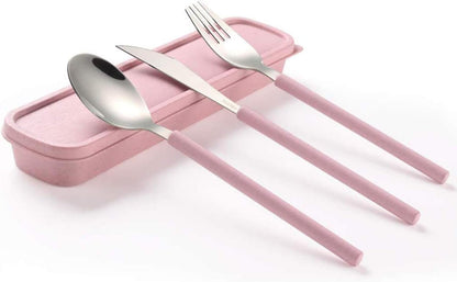 Portable Travel Utensils with Case, Travel Cutlery Set, Stainless Steel Spoon Fork Knife Set, Reusable Flatware Set for Travel Camping (Pink)