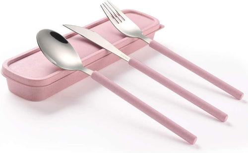 Portable Travel Utensils with Case, Travel Cutlery Set, Stainless Steel Spoon Fork Knife Set, Reusable Flatware Set for Travel Camping (Pink)