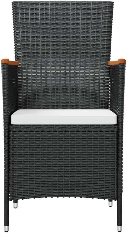 vidaXL 7-Piece Outdoor Dining Set - Sturdy Steel and Aluminum Frame with Acacia Wood Armrests and Table Top, Waterproof PE Rattan, Includes Black Chairs and Cream White Cushions