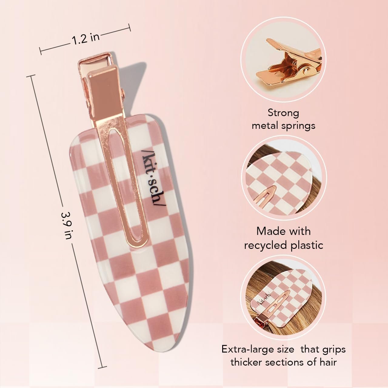 Kitsch Creaseless Hair Clips for Women, No Bend No Crease Styling Clip, Recycled Acrylic Makeup Hair Clips, Hairstyling - Terracotta (Checkered), 2pcs