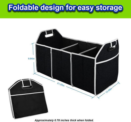 Car Trunk Organizer, Portable Foldable Waterproof Auto Storage Bag with 3 Compartments, Collapsible Cargo Trunk Groceries Organizer, Car Accessories Universal for SUV, Truck, Van, Sedan (Black)