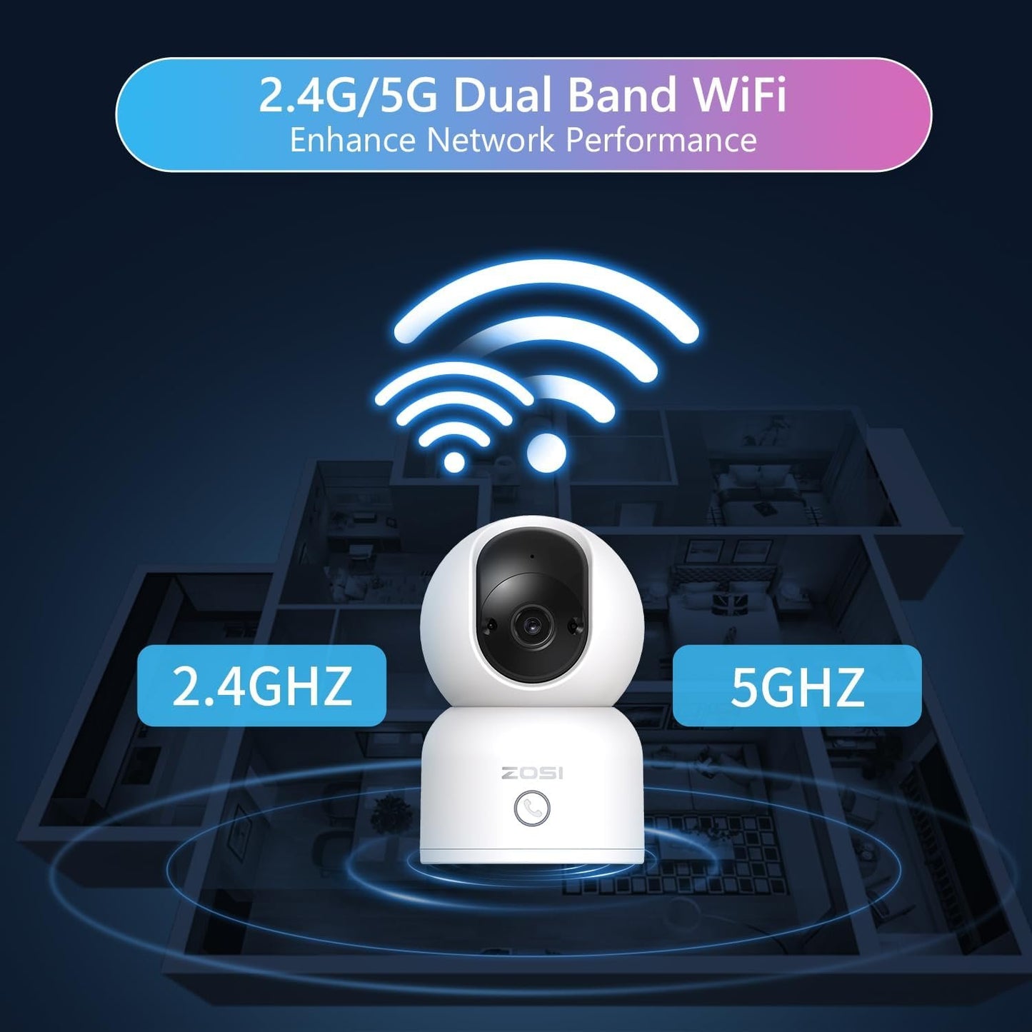 ZOSI C518 2K Pan/Tilt Smart Security Camera Indoor,360 Degree Baby and Pet Monitor,2.4G/5G Dual-Band WiFi Home Cam with Phone App,Cloud & SD Card Storage,Night Vision,2 Way Audio,Person Detection