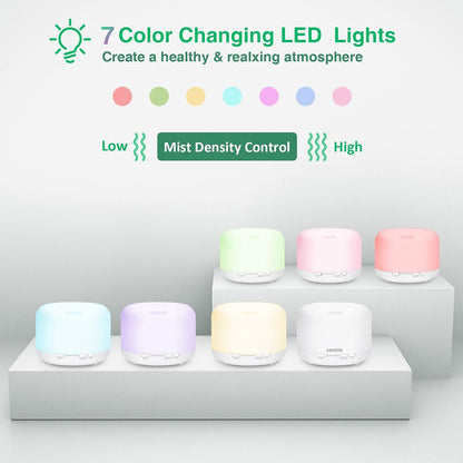 500ml Aromatherapy Essential Oil Diffuser, Ultrasonic Remote Control Cool Mist Fragrance Oils Humidifier, Electric Aroma Air Purifier for Home Bedroom 7 LED Color Lights, Timer, Auto Shut-Off (White)