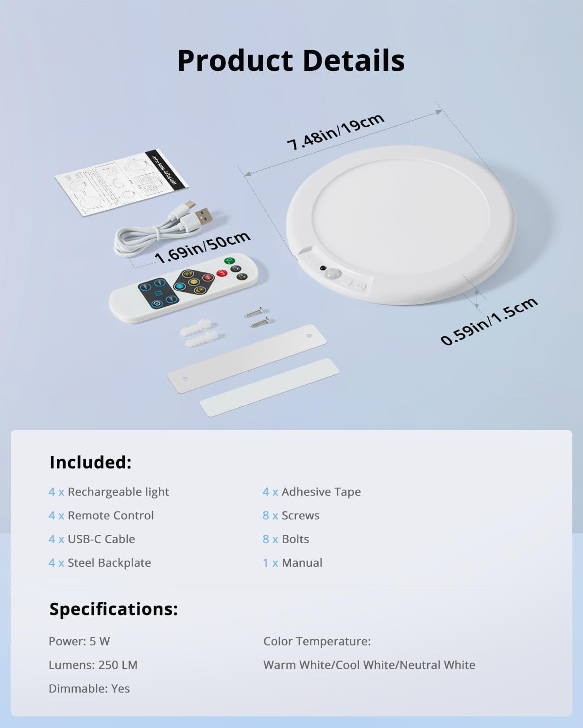 Combuh 4-Pack Battery Powered Motion Sensor Light, 7.48" IP44 Waterproof Shower Lamp Without Wiring, Ultra Thin 3 Colors Adhesive Overhead Lightting for Garage, Bedroom, Kitchen, Round