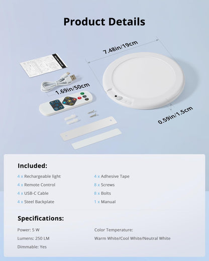 Combuh 4-Pack Battery Powered Motion Sensor Light, 7.48" IP44 Waterproof Shower Lamp Without Wiring, Ultra Thin 3 Colors Adhesive Overhead Lightting for Garage, Bedroom, Kitchen, Round