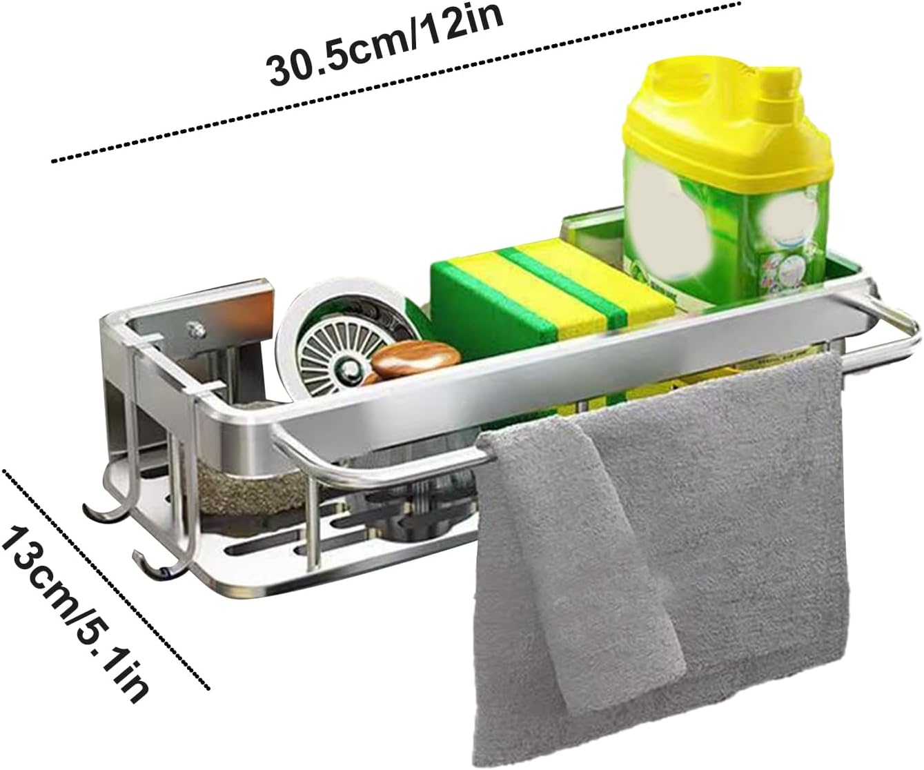 Gvblkq Kitchen Sink Organizer, Sponge Rack, No Drilling Installation, Compact Storage Basket, Brush Holder Design, Rust Resistant Material, for Sponges, Wipes, Cleaning Solution, 30.5x13x5.5cm