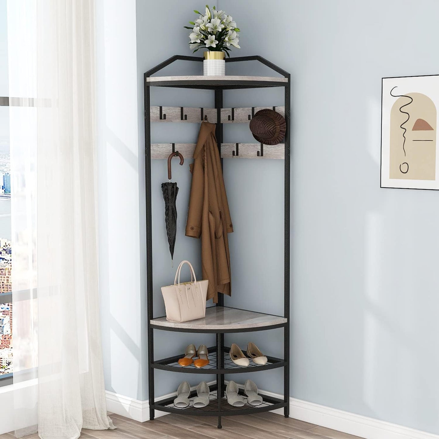 VEDECASA Metal Corner Coat Rack with 12 Movable Hooks for Hallway Living Room Bedroom Office Hallway Entrance Grey