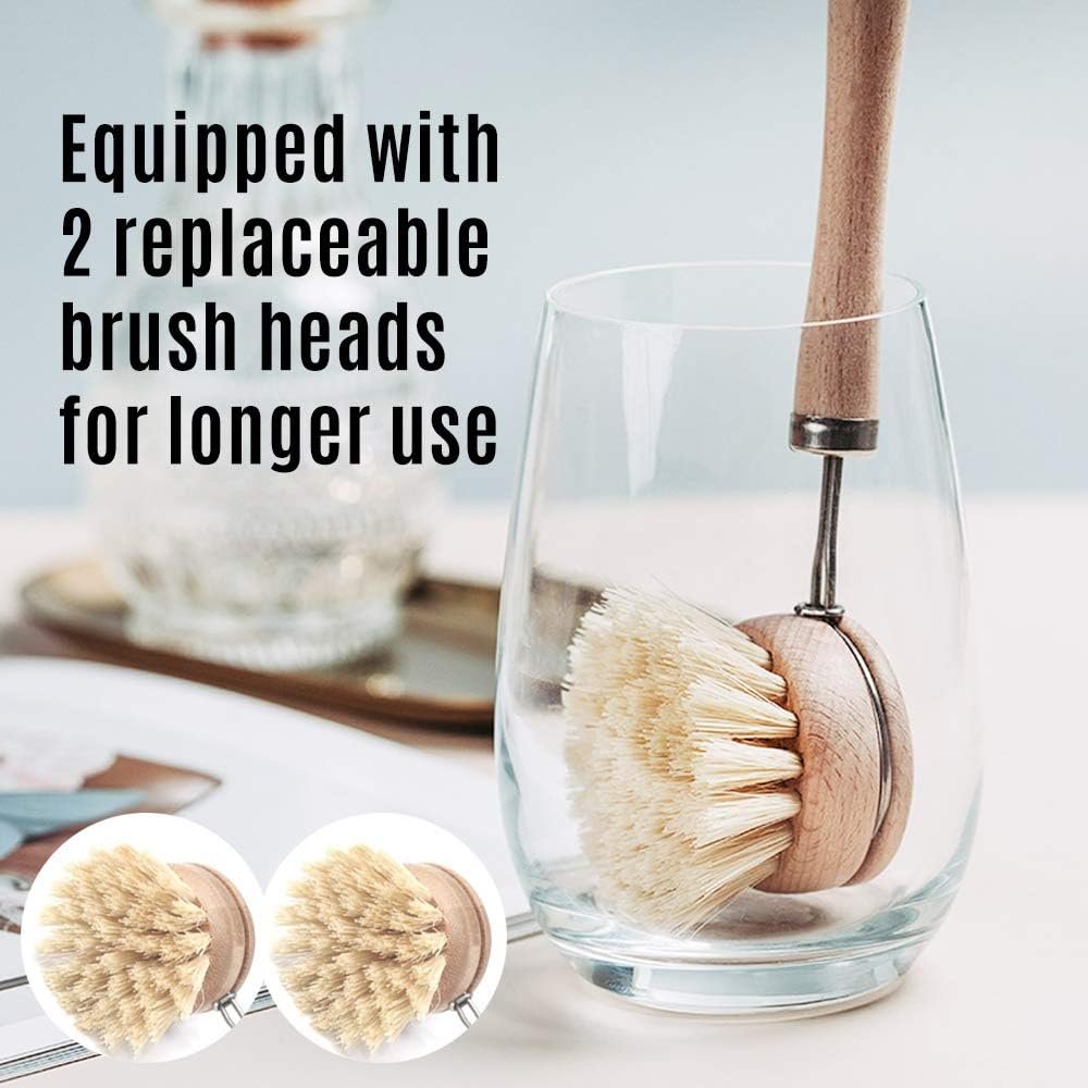 Wooden Dish Brush & Pot Cleaning Brush Premium Long-Handled Dish Brushes Kitchen Brushes with 2 PCS Replacement Heads