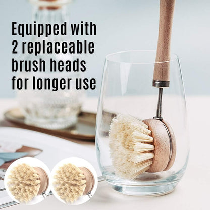Wooden Dish Brush & Pot Cleaning Brush Premium Long-Handled Dish Brushes Kitchen Brushes with 2 PCS Replacement Heads