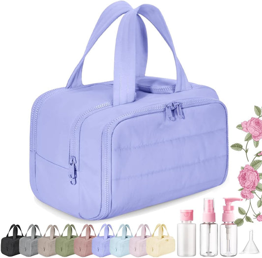 Cureaway Travel Cosmetic Bag, Large Capacity Wide-Open Travel Cosmetic Bag, 4-in-1 Puffy Multi-Functional Toiletry Bag, Open Flat Makeup Bag for Accessories, Essentials, Toiletries, purple, Floral