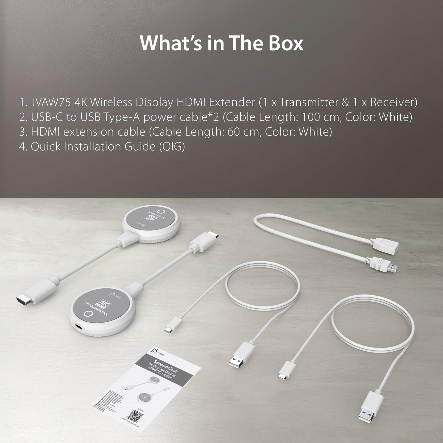 j5create ScreenCast 4K Wireless HDMI Transmitter and Receiver, Wireless HDMI Extender, Support 4K30Hz / 1080p60Hz, 2.4/5GHz, for Laptop/PC/Player to HDTV/Projector (JVAW75)