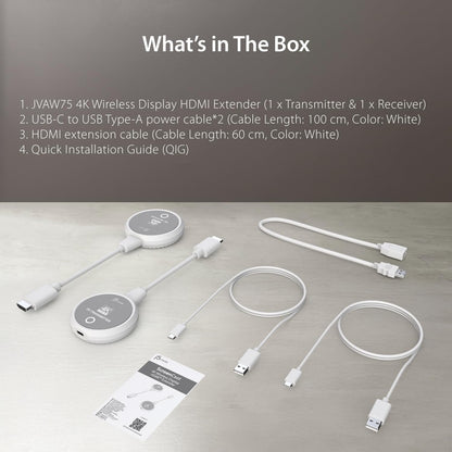 j5create ScreenCast 4K Wireless HDMI Transmitter and Receiver, Wireless HDMI Extender, Support 4K30Hz / 1080p60Hz, 2.4/5GHz, for Laptop/PC/Player to HDTV/Projector (JVAW75)