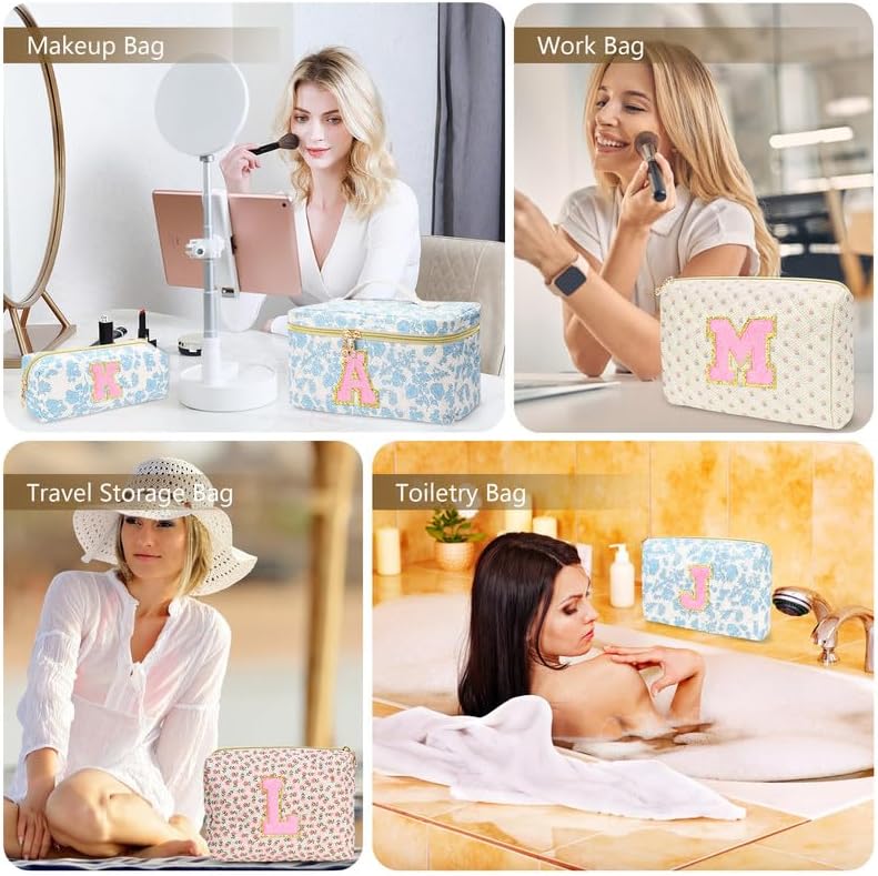 3 PCS Travel Makeup Bag Set, A-Z Initials Cotton Make up Bag Floral Quilted Cosmetic Bag for Girls and Women, Personalized Cute Toiletry Bag Travel Accessories Brushes Bag Yellow - A