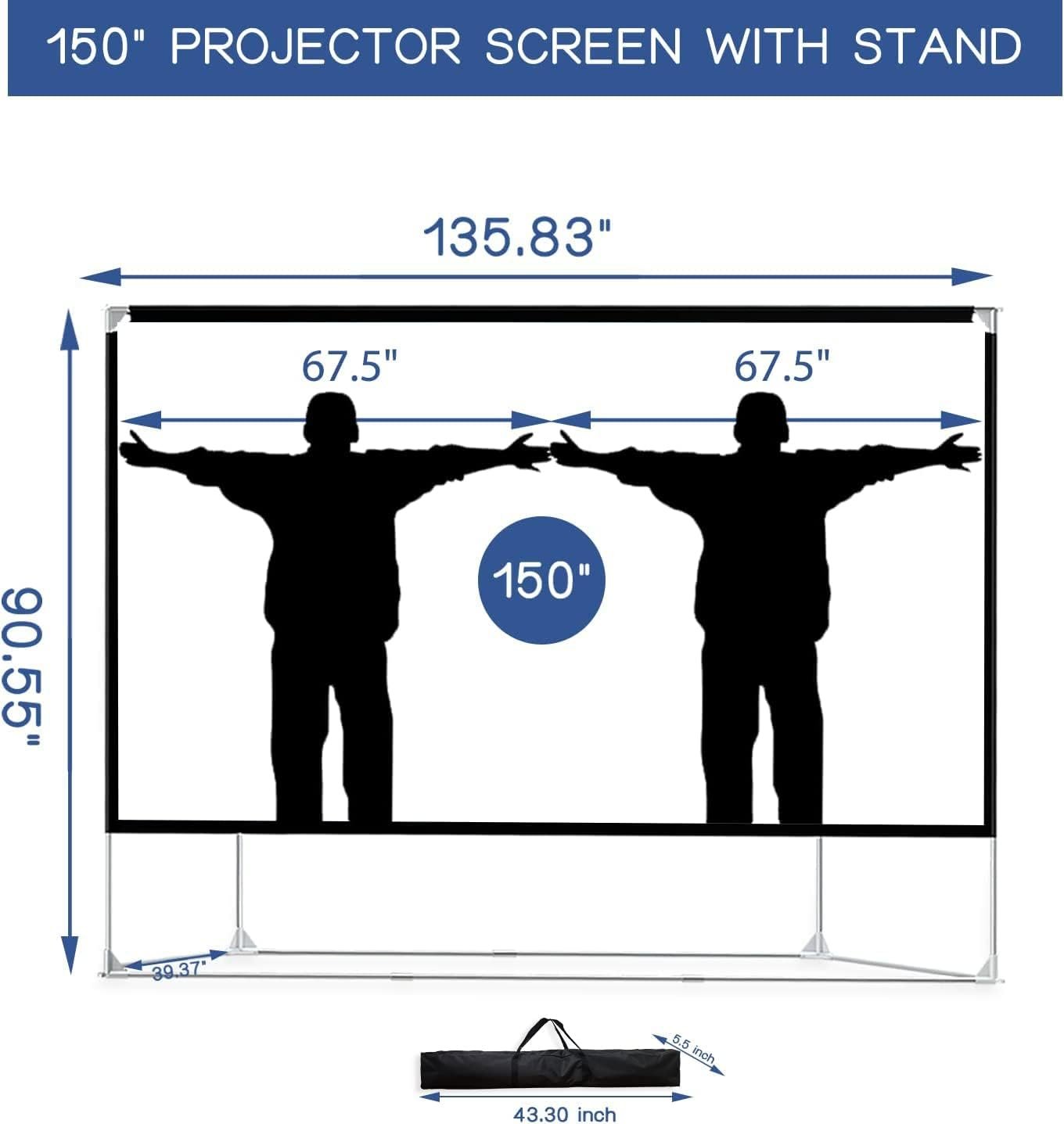 150 Inch Projector Screen and Stand 16:9 HD 4K Large Outdoor Projector Screen Portable Projection Screen with Carrying Bag for Home Theater Backyard Cinema