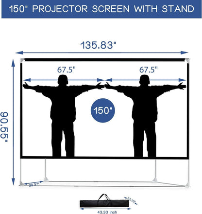 150 Inch Projector Screen and Stand 16:9 HD 4K Large Outdoor Projector Screen Portable Projection Screen with Carrying Bag for Home Theater Backyard Cinema