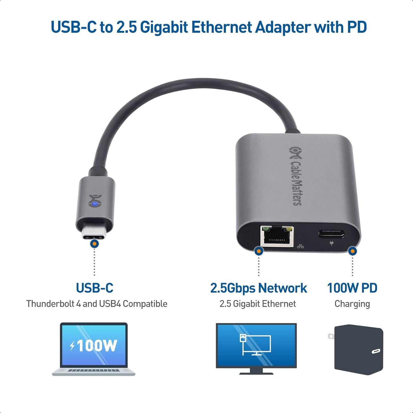 Cable Matters USB C to Ethernet Adapter 2.5 Gigabit with Charging 100W, USB C Hub 2.5gb Ethernet (2.5gbps Ethernet Port) - Compatible with MacBook Pro, iPad Pro, XPS, Microsoft Surface Pro