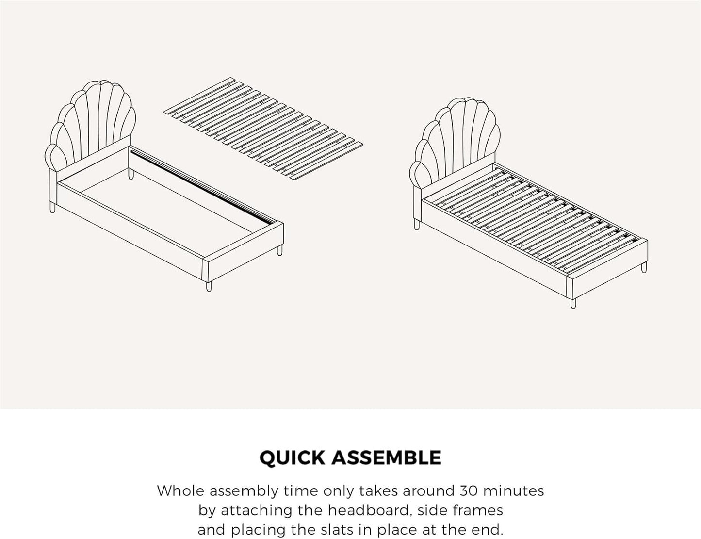 Oikiture Bed Frame Single with Scallop-Shape BedHead Pink Velvet Single Bed