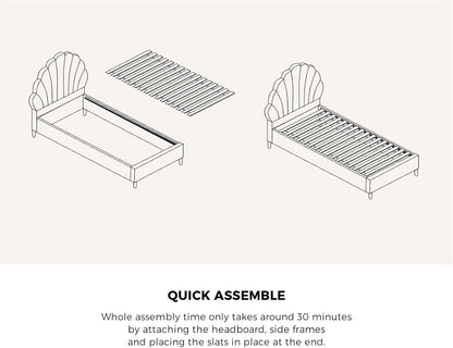 Oikiture Bed Frame Single with Scallop-Shape BedHead Pink Velvet Single Bed