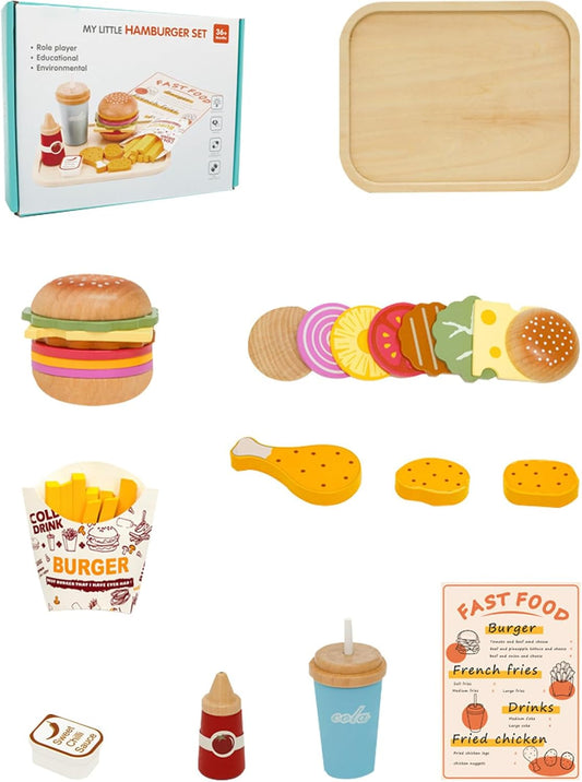 Play Hamburger Set, Wooden Fast Food Toy Kitchen Accessories, , Fries, Chicken, Realistic Food Toys for Imaginative Playset, Sturdy Design, 9.57 x 7.2 x 2.64 Inches