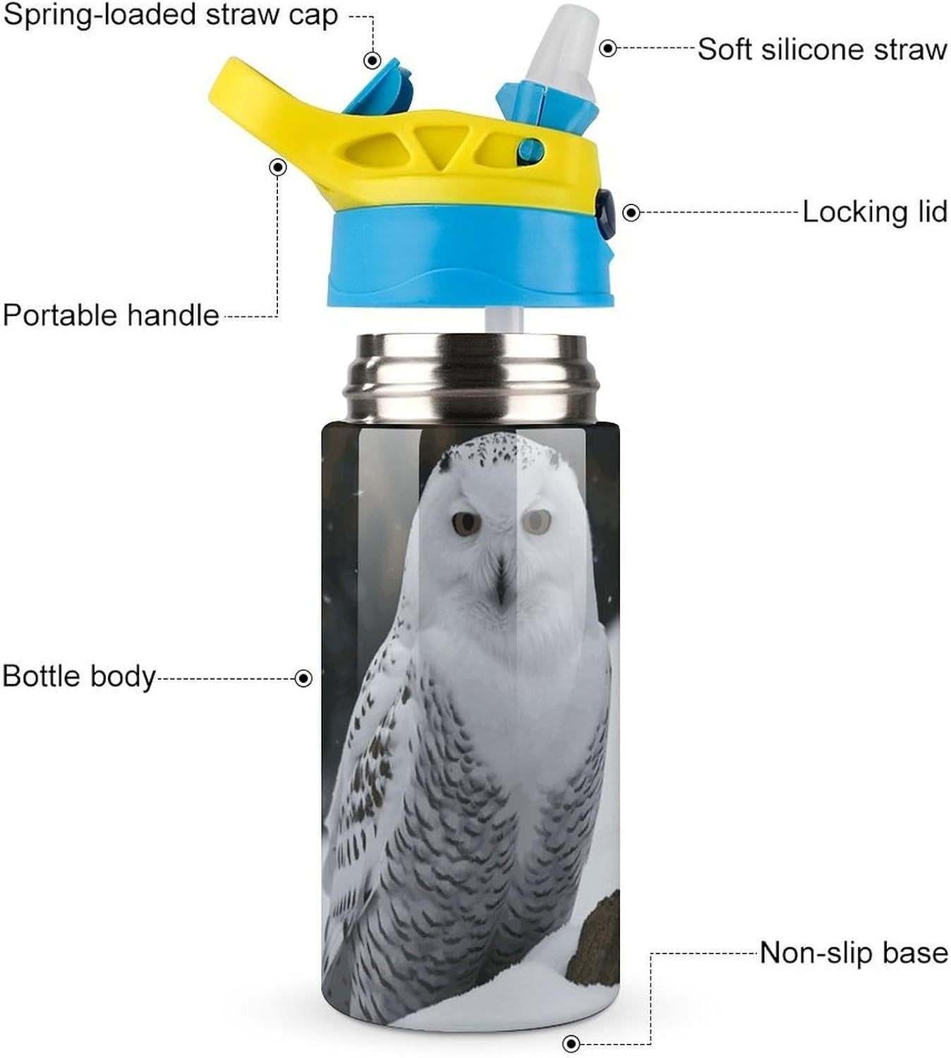 Stainless Steel Water Bottles Snow Owl Travel Water Cups with Handle And Silicone Straw Drinking Cup with Leak Proof Lid Thermo Travel Mug for Women Men