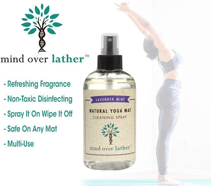 Mind Over Lather 100% Natural Yoga Mat Cleaning Spray 8oz | Works with All Mats | Cleans and Restores Using Essential Oils Naturally | Calming Lavender Mint