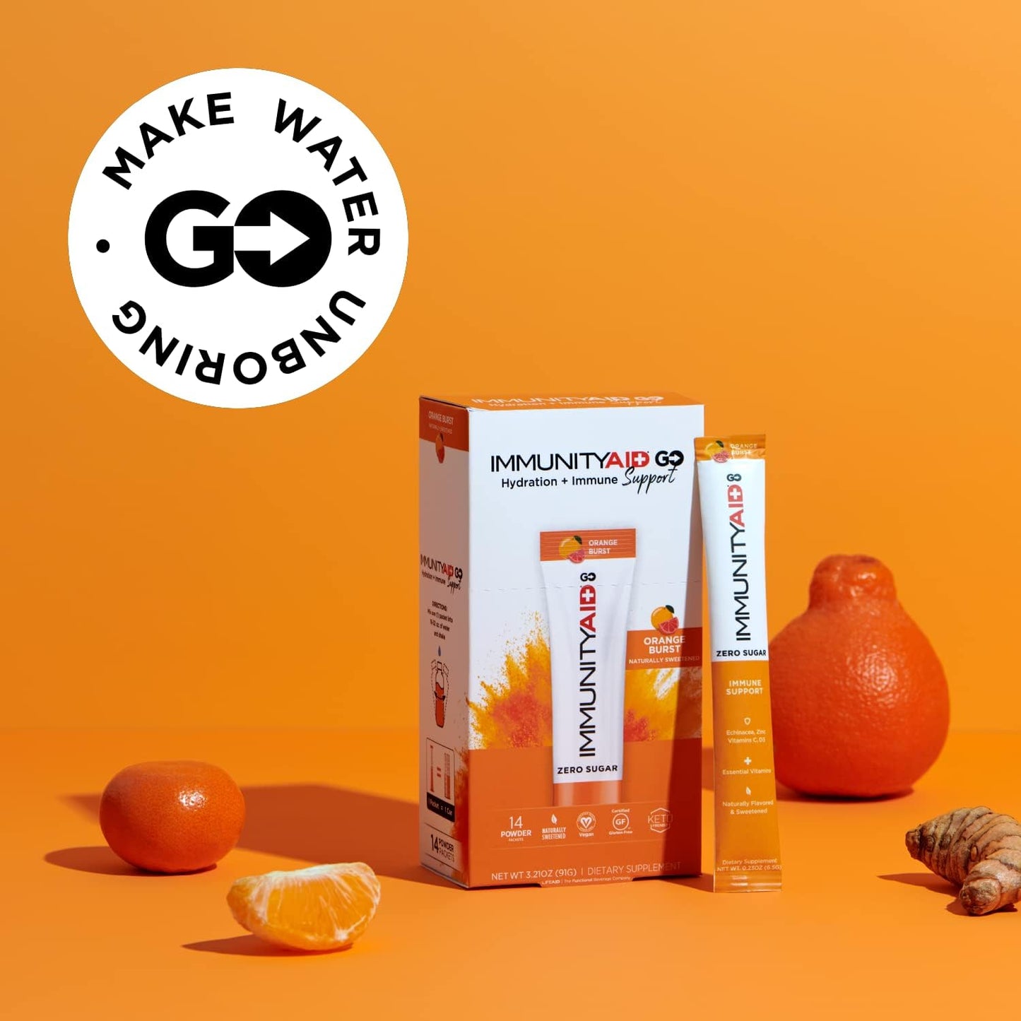 LIFEAID IMMUNITYAID GO! ZERO SUGAR Immunity + Hydration Packet, Vitamin C, Echinacea, Zinc, Astragalus Root, Keto-friendly, Vegan & Gluten-Free, 5 calories, Naturally Sweetened, No Caffeine, 20 Pack