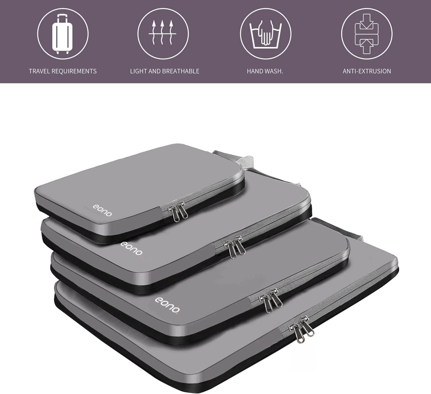 Amazon Brand - Eono 3/4/6 Set Compression Packing Cubes, Travel Luggage Organiser Set, Travel Cubes, Extensible Organizer Bags for Travel Suitcase Organization, Set of 3, Grey, M