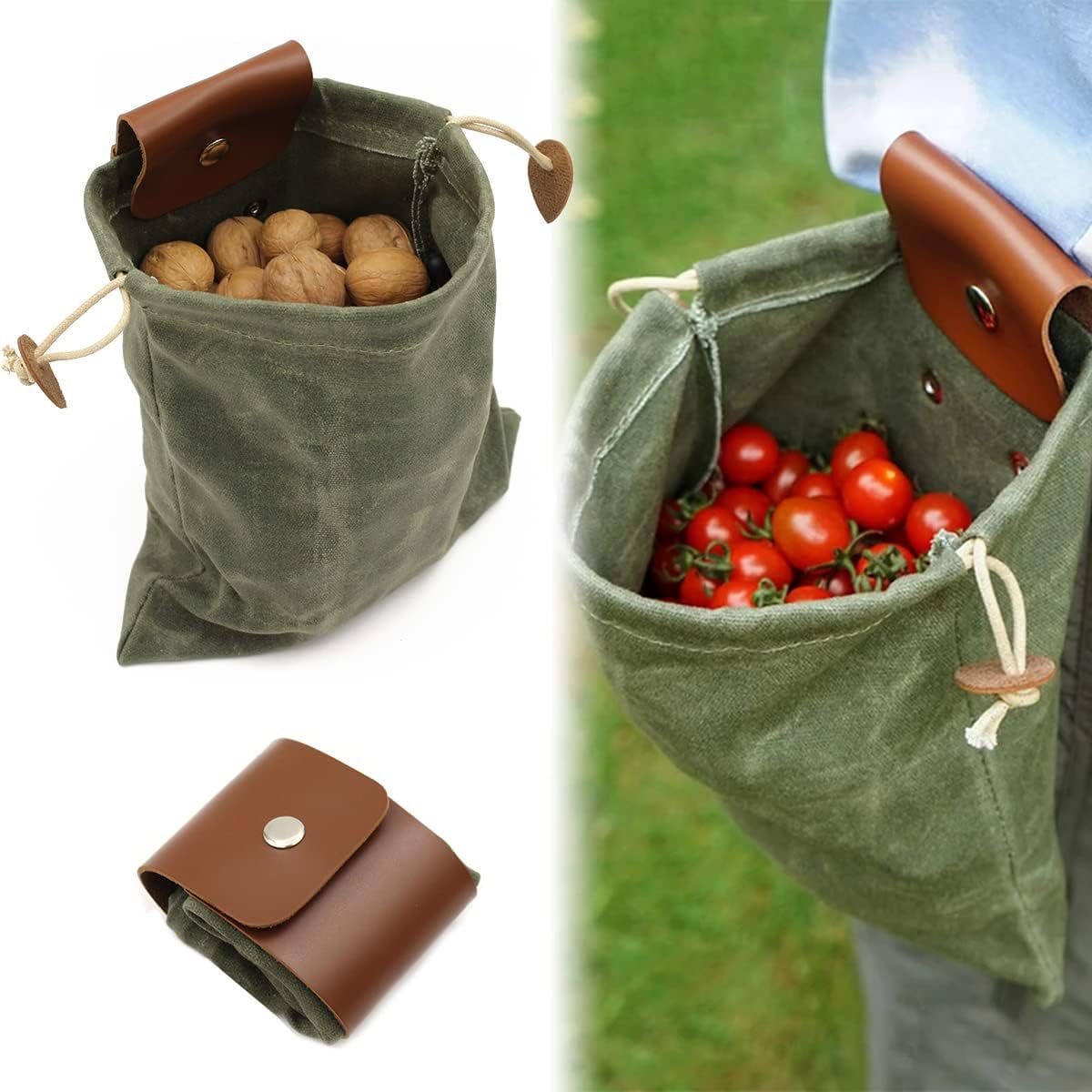 Asenie Foraging Bag Waxed Canvas Collapsible Outdoor Camping Foraging Pouch Mushroom Storage Water Resistant Leather Bushcraft Belt Tinder Dump Pouchs Brown for Travel Camping Hiking (Bag Only)